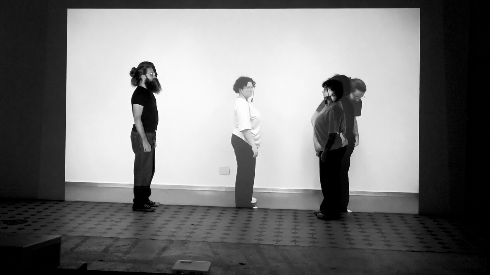 Black-and-white performance still from yetnot